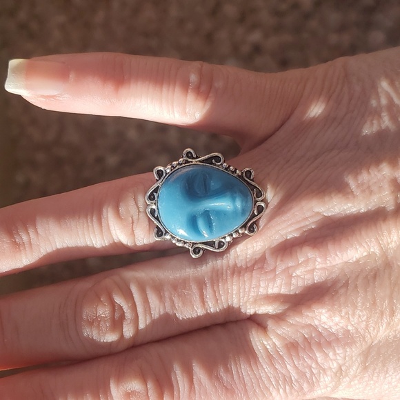 New Carved Blue Goddess Face 925 Silver Ring. - Picture 6 of 11